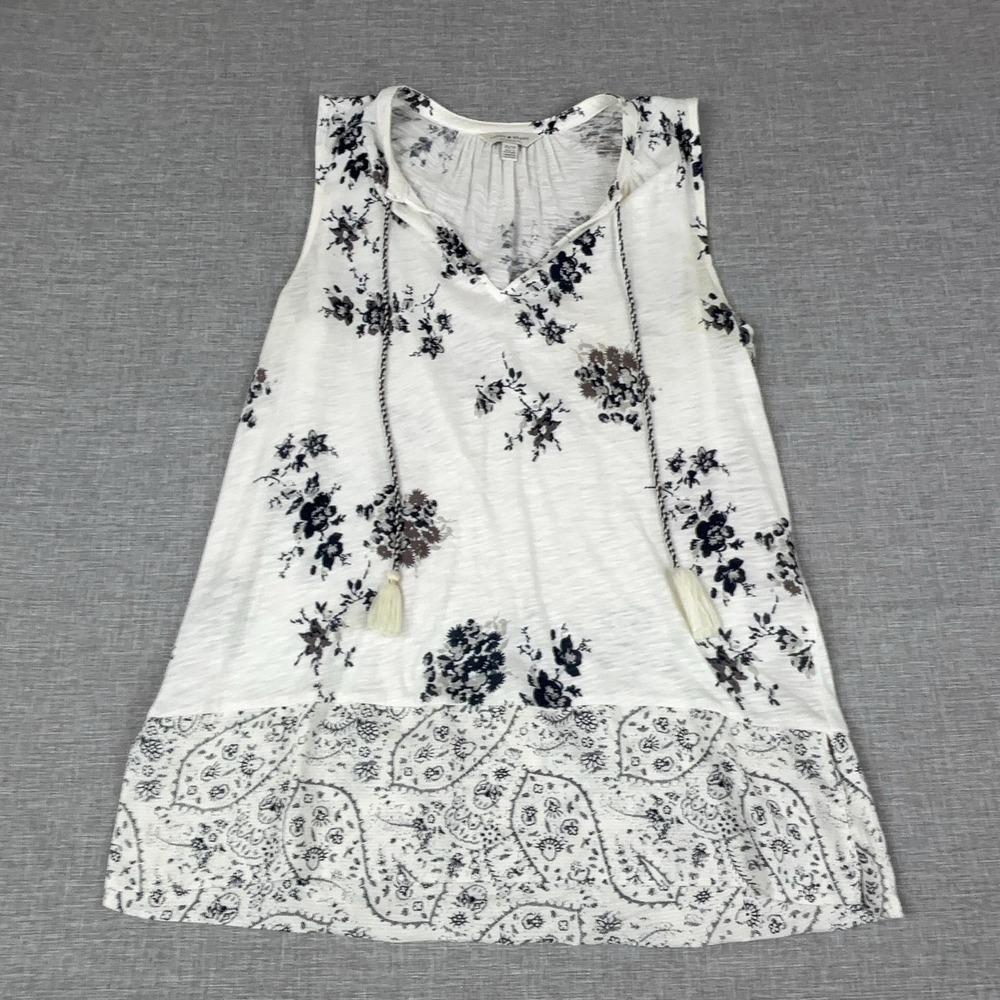 Lucky Brand Tank Womens XS White Tunic V-Neck Tasseled Floral Lightweight